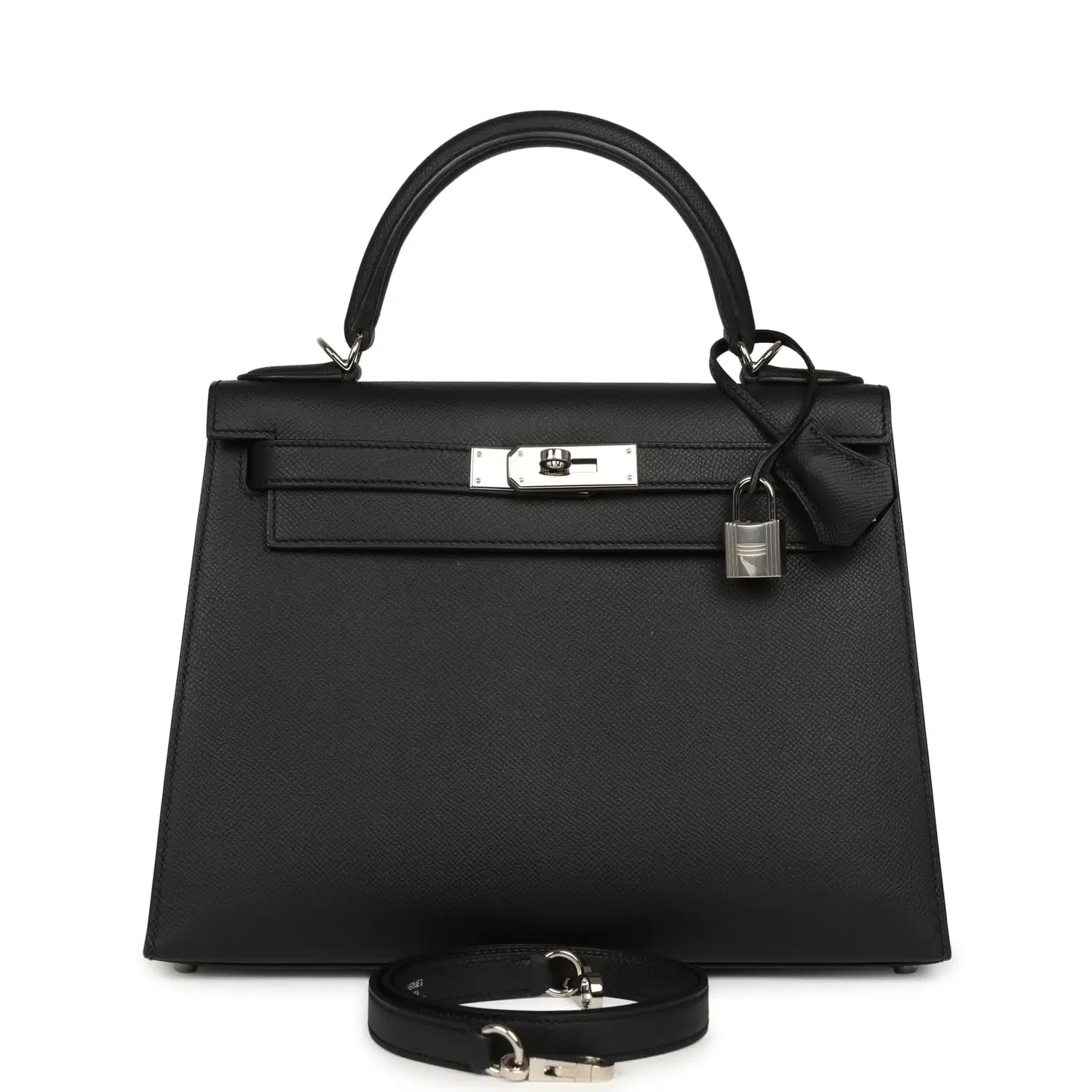 Pre-owned Hermes Kelly Sellier 28 Black Epsom Palladium Hardware