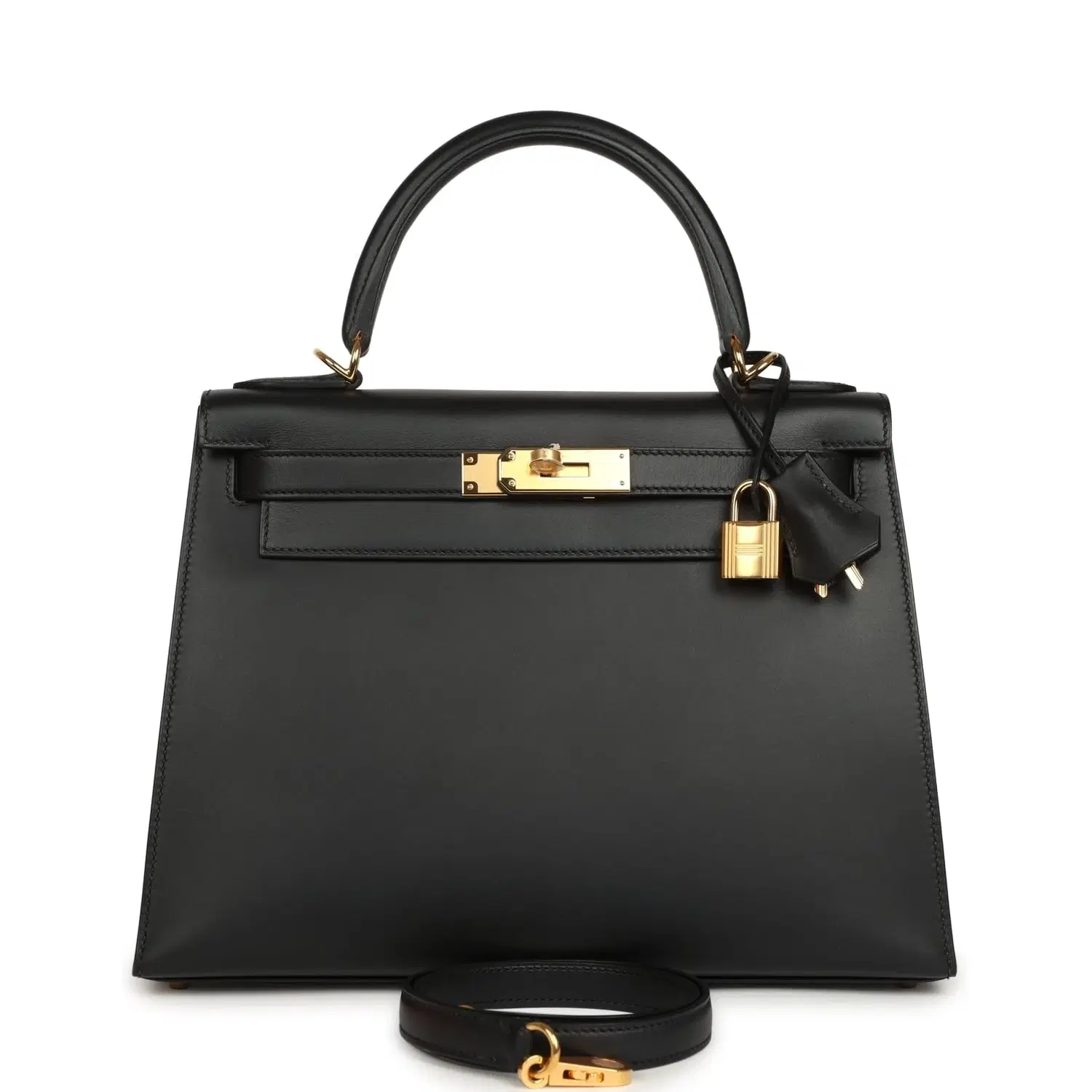 Pre-owned Hermes Kelly Sellier 28 Black Sombrero Gold Hardware