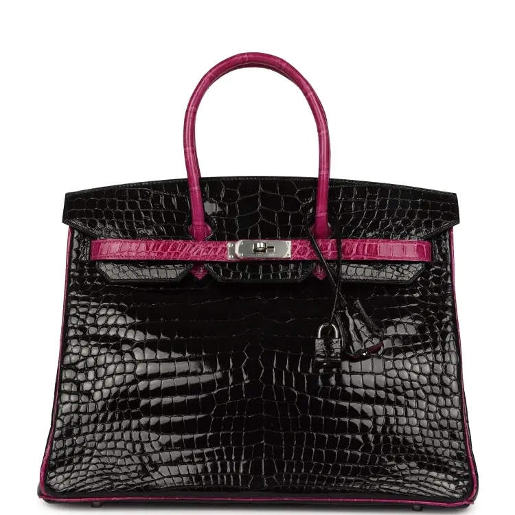 Pre-owned Hermes Special Order (HSS) Birkin 35 Rose Pourpre and Black Shiny Porosus Crocodile Palladium Hardware-Hover-Image