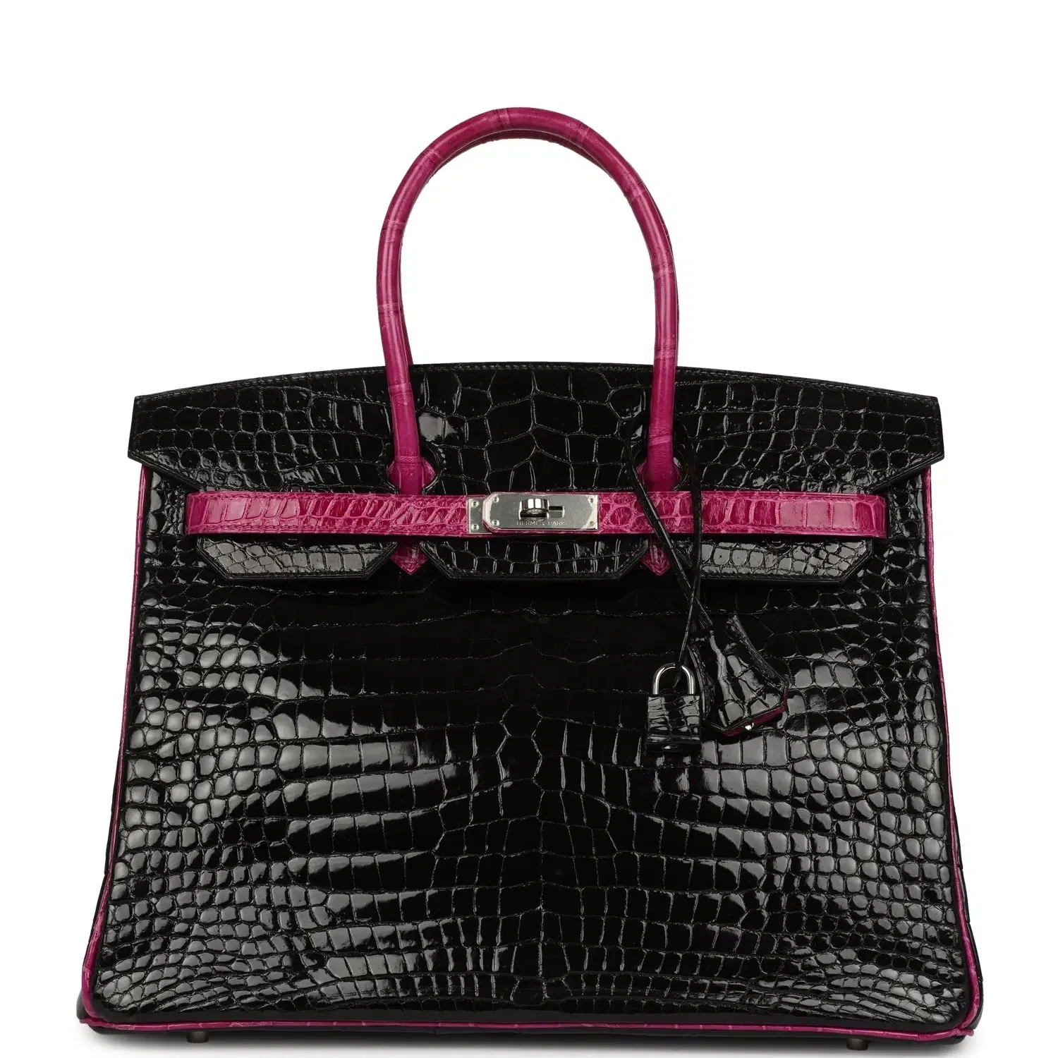 Pre-owned Hermes Special Order (HSS) Birkin 35 Rose Pourpre and Black Shiny Porosus Crocodile Palladium Hardware