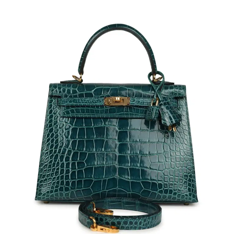 Pre-owned Hermes Kelly Sellier 25 Vert Bosphore Shiny Alligator Gold Hardware-Hover-Image