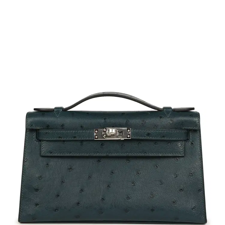 Hermes Kelly Pochette Vert Cypress Ostrich Palladium Hardware-Hover-Image