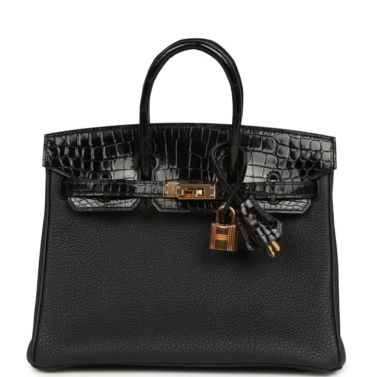 Pre-owned Hermes Birkin 25 Touch Black Togo and Shiny Niloticus Crocodile Touch Rose Gold Hardware-Hover-Image