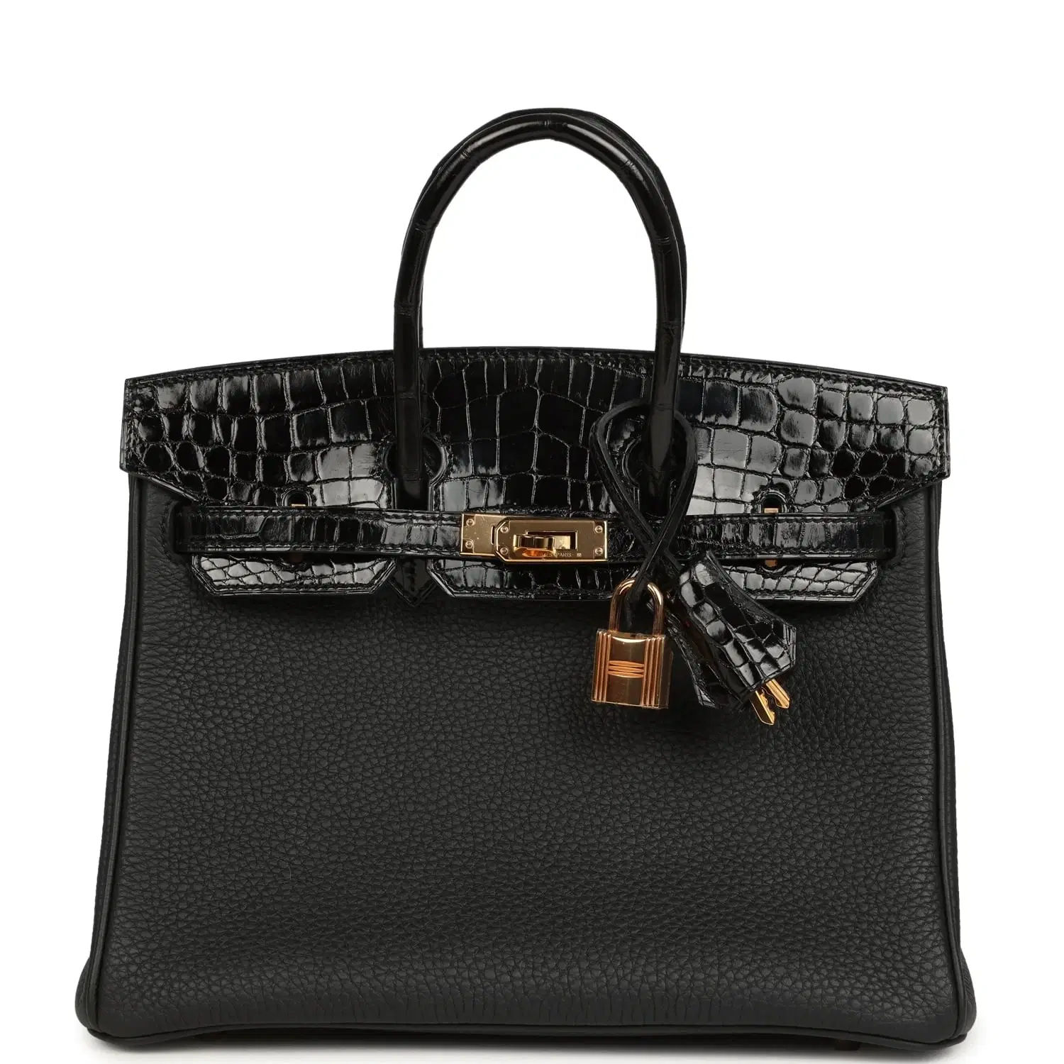 Pre-owned Hermes Birkin 25 Touch Black Togo and Shiny Niloticus Crocodile Touch Rose Gold Hardware
