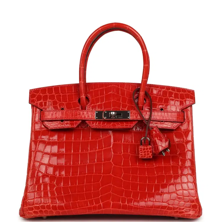 Pre-owned Hermes Birkin 30 Geranium Shiny Niloticus Crocodile Palladium Hardware-Hover-Image