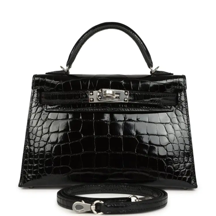 Hermes Kelly Sellier 20 Black Shiny Alligator Palladium Hardware-Hover-Image