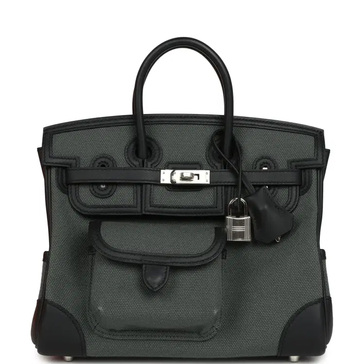 Hermes Birkin 25 Cargo Vert Mangrove Toile Goeland and Black Swift Palladium Hardware-Hover-Image