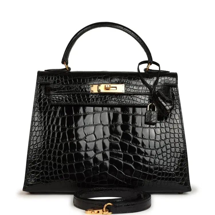 Vintage Hermes Kelly Sellier 28 Black Shiny Alligator Gold Hardware-Hover-Image