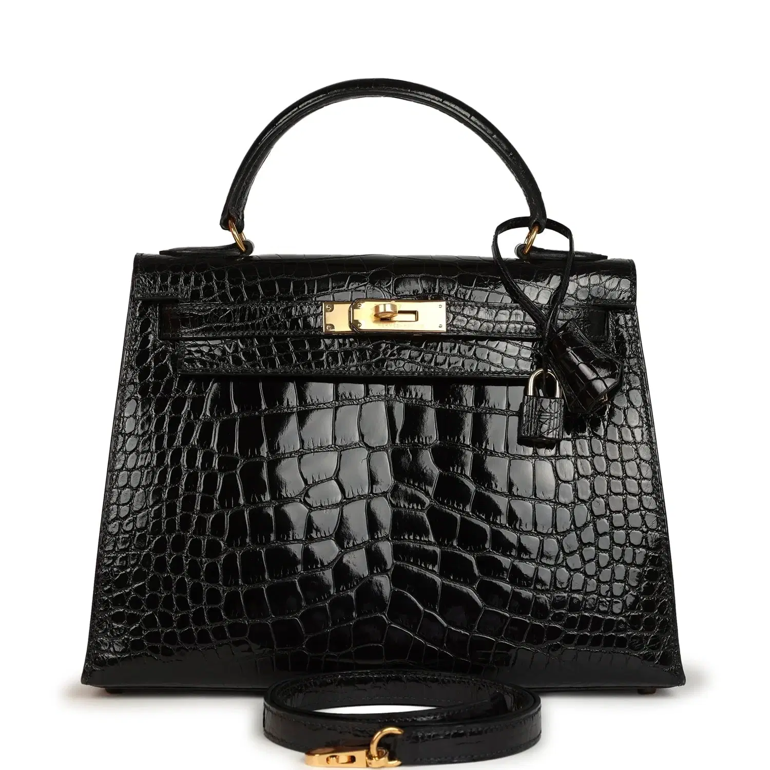 Vintage Hermes Kelly Sellier 28 Black Shiny Alligator Gold Hardware