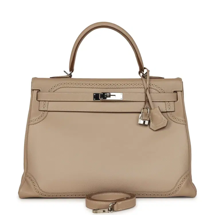 Pre-owned Hermes Ghillies Kelly Retourne 35 Argile Swift and Grain D'H Palladium Hardware-Hover-Image