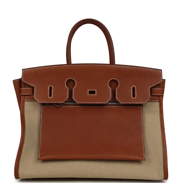 Hermes Birkin 35 A L'Envers Ficelle-Ecru H Dyed Canvas and Fauve Barenia Faubourg Palladium Hardware-Hover-Image