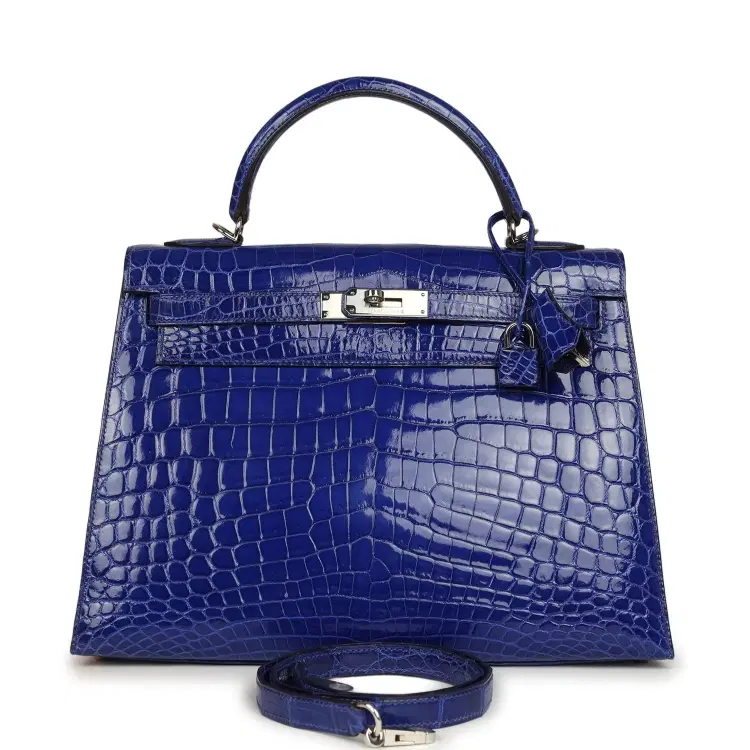 Pre-owned Hermes Kelly Sellier 32 Blue Electric Shiny Niloticus Crocodile Palladium Hardware-Hover-Image