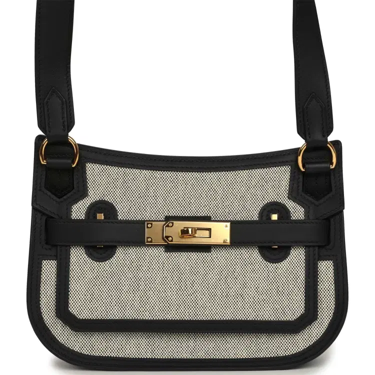 Hermes Jypsiere Mini Black and Ecru Toile H Black Swift Gold Hardware-Hover-Image