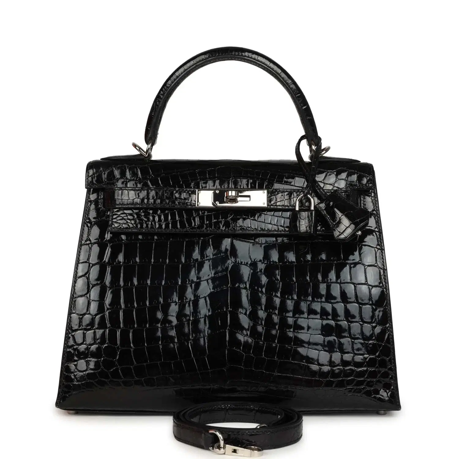 Pre-owned Hermes Kelly Sellier 28 Black Shiny Niloticus Crocodile Palladium Hardware