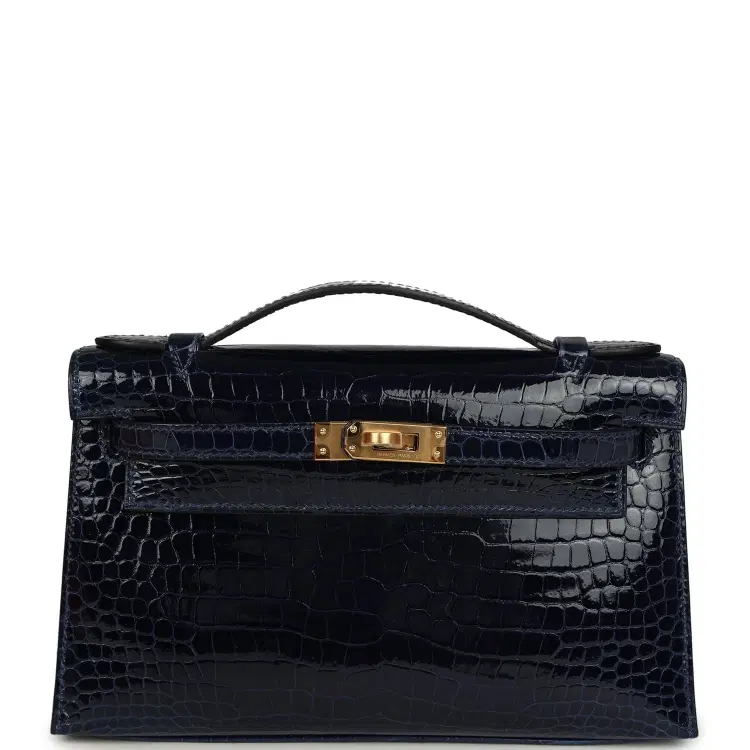 Hermes Kelly Pochette Bleu Saphir Shiny Porosus Crocodile Gold Hardware-Hover-Image