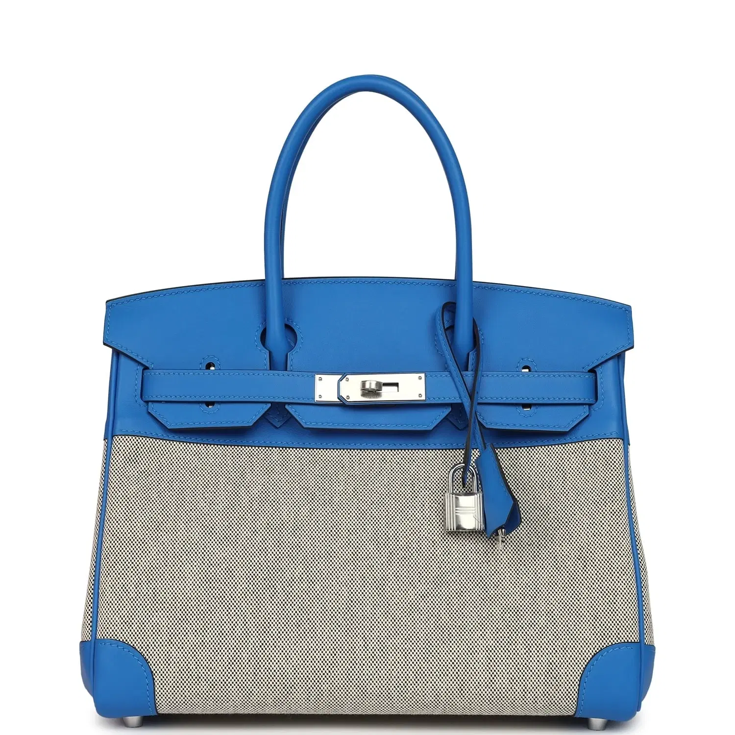 Hermes Birkin 30 Ecru-Black Toile H Canvas and Bleu Hydra Swift Palladium Hardware