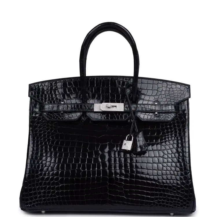 Pre-owned Hermes Birkin 35 Bleu Marine Shiny Porosus Crocodile 18K White Gold Diamond Hardware-Hover-Image