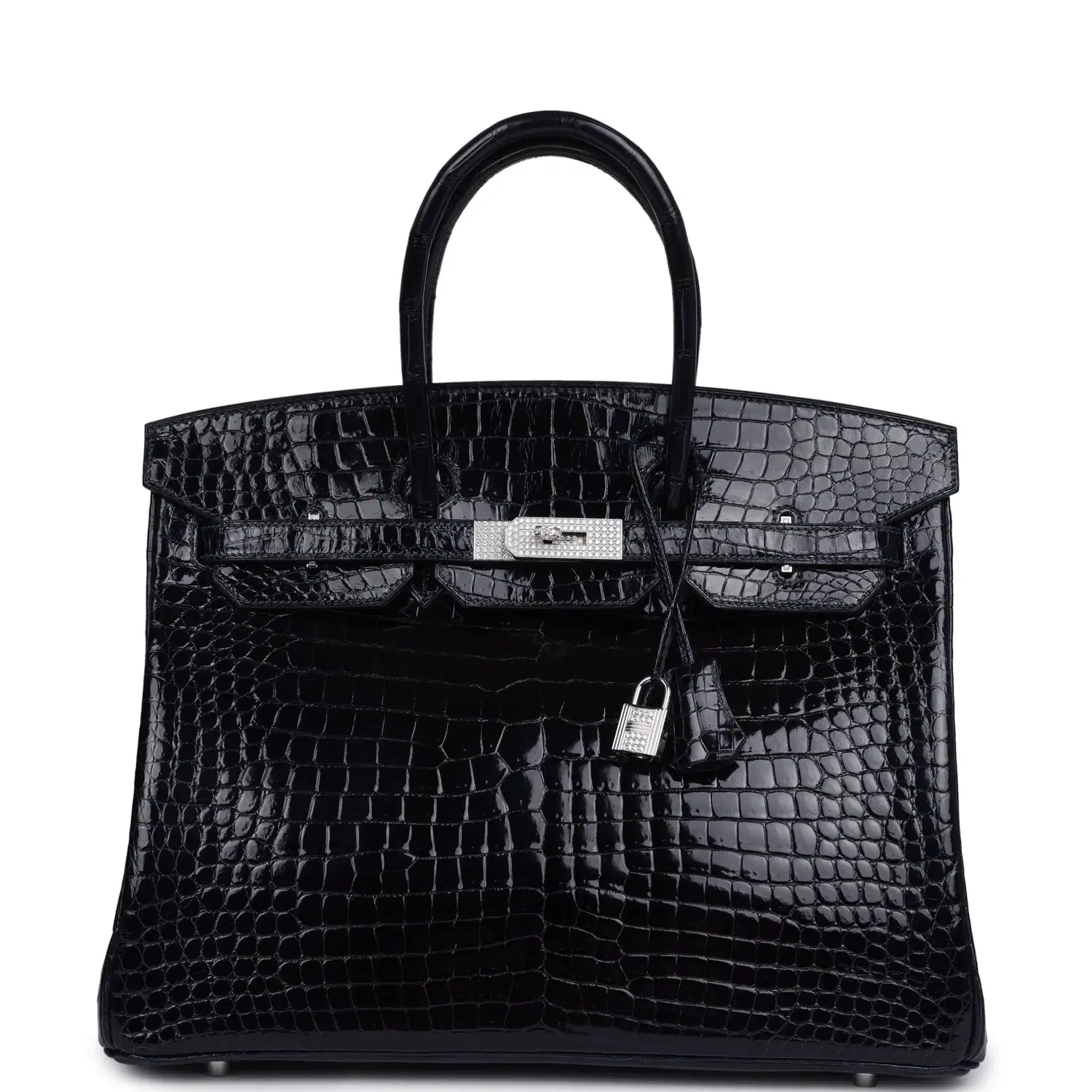 Pre-owned Hermes Birkin 35 Bleu Marine Shiny Porosus Crocodile 18K White Gold Diamond Hardware