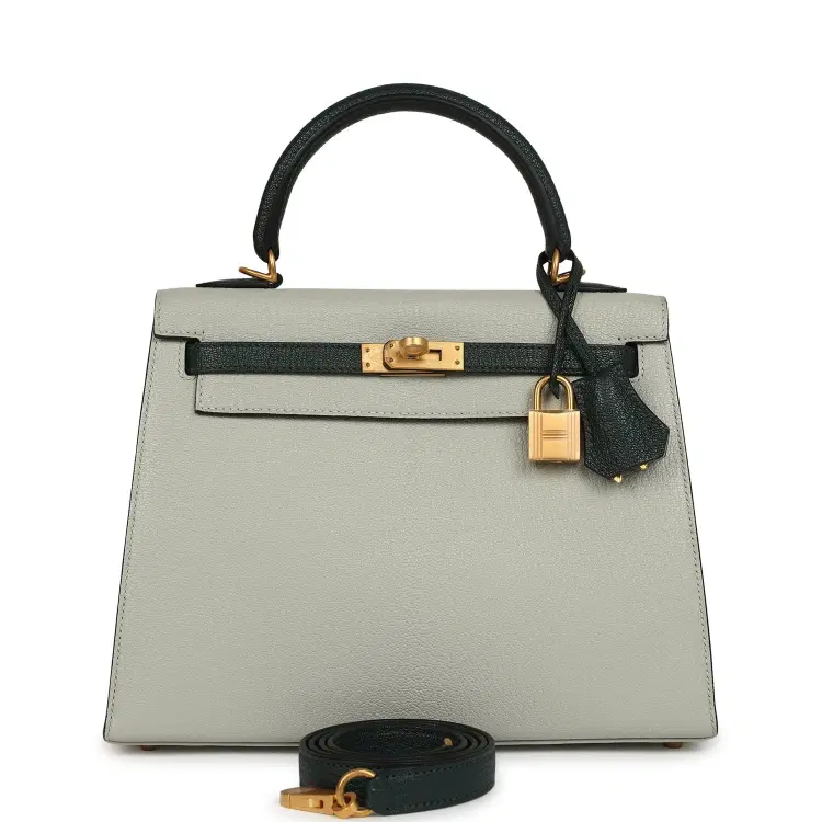 Pre-owned Hermes Special Order (HSS) Kelly Sellier 25 Gris Perle and Vert Titien Chevre Mysore Brushed Gold Hardware-Hover-Image