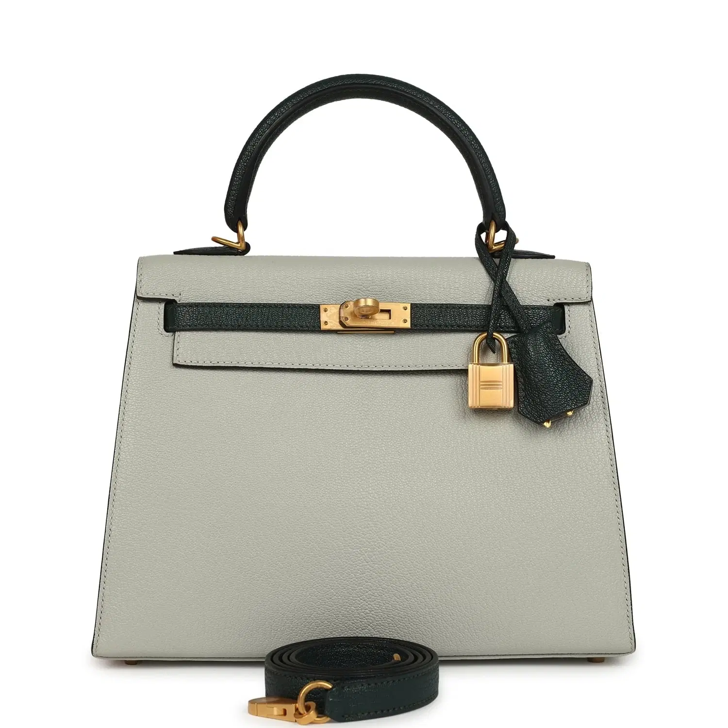 Pre-owned Hermes Special Order (HSS) Kelly Sellier 25 Gris Perle and Vert Titien Chevre Mysore Brushed Gold Hardware