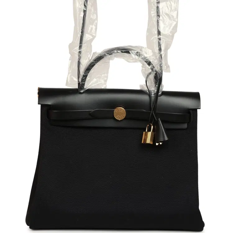 Hermes Herbag Zip 31 PM Black Toile Militaire Canvas and Vache Hunter Gold Hardware-Hover-Image