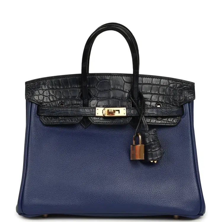 Pre-owned Hermes Birkin 25 Bleu Saphir Taurillion Novillo and Bleu Marine Matte Alligator Touch Rose Gold Hardware-Hover-Image