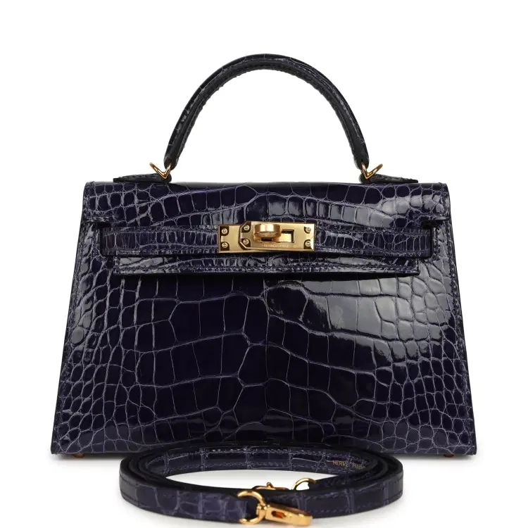 Hermes Kelly Sellier 20 Bleu Encre Shiny Alligator Gold Hardware-Hover-Image