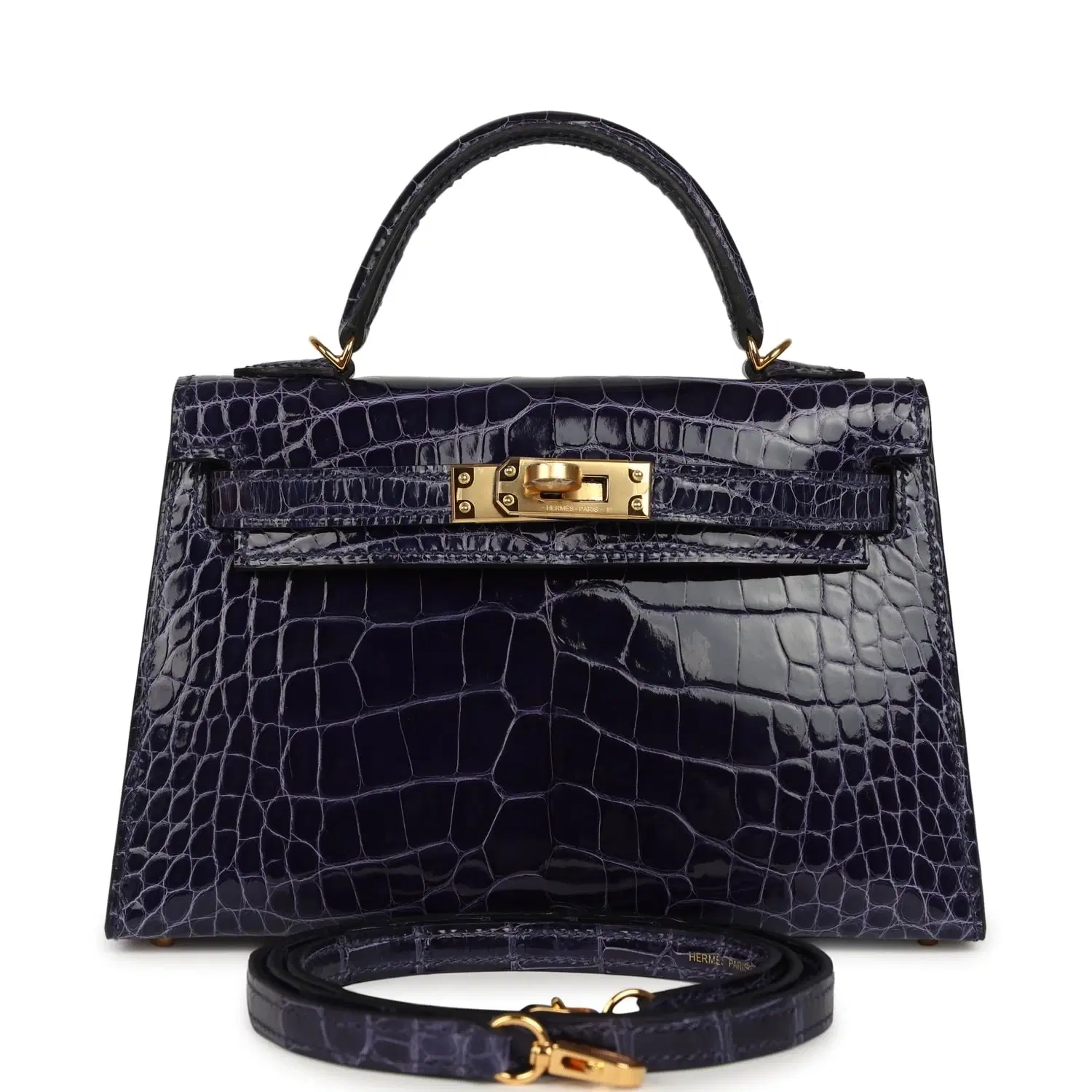 Hermes Kelly Sellier 20 Bleu Encre Shiny Alligator Gold Hardware