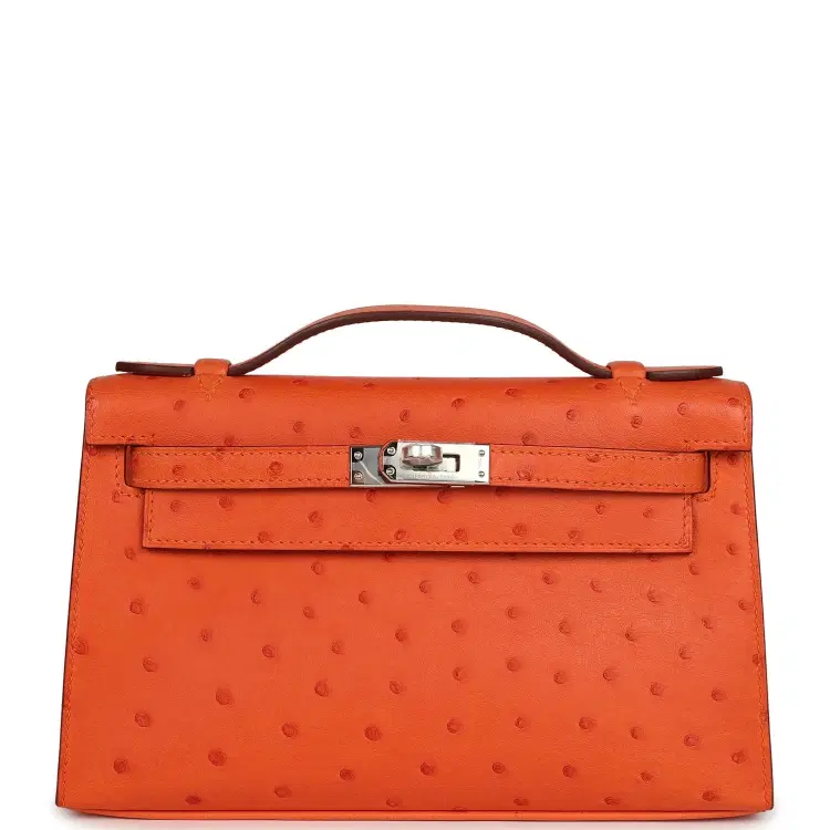 Hermes Kelly Pochette Tangerine Ostrich Palladium Hardware-Hover-Image