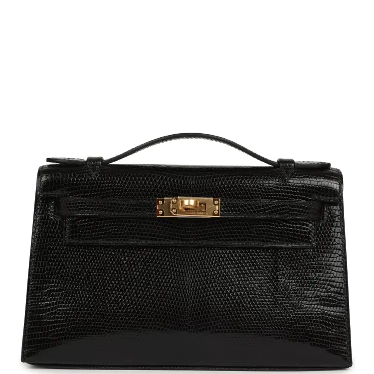 Hermes Kelly Pochette Black Varanus Niloticus Lizard Gold Hardware-Hover-Image