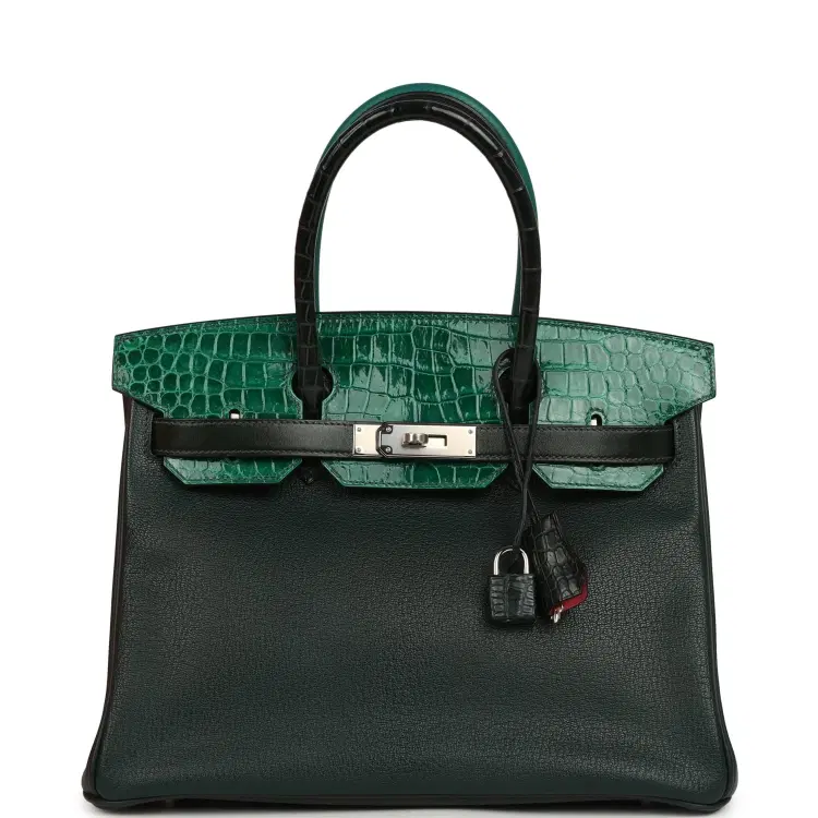 Pre-owned Hermes "Patchwork" Birkin 30 Vert Titien, Vert Fonce, Malachite, Emeraude Chevre Mysore, Clemence, Shiny Porosus Crocodile, Epsom, Swift, Box Palladium Hardware-Hover-Image