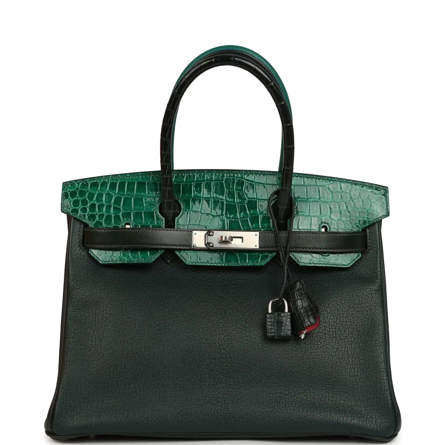 Pre-owned Hermes "Patchwork" Birkin 30 Vert Titien, Vert Fonce, Malachite, Emeraude Chevre Mysore, Clemence, Shiny Porosus Crocodile, Epsom, Swift, Box Palladium Hardware