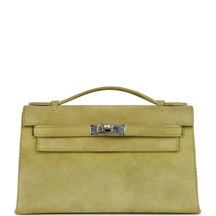 Vintage Hermes Kelly Pochette Vert Anis Doblis Palladium Hardware-Hover-Image