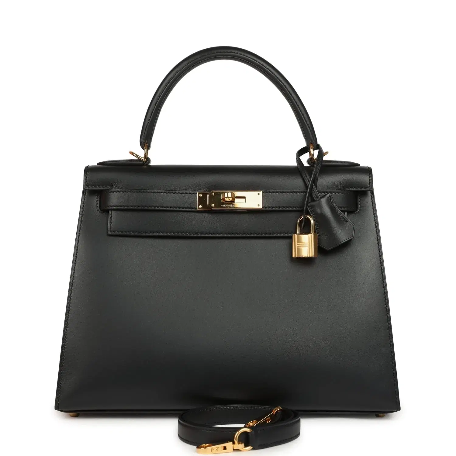 Pre-owned Hermes Kelly Sellier 28 Black Sombrero Gold Hardware