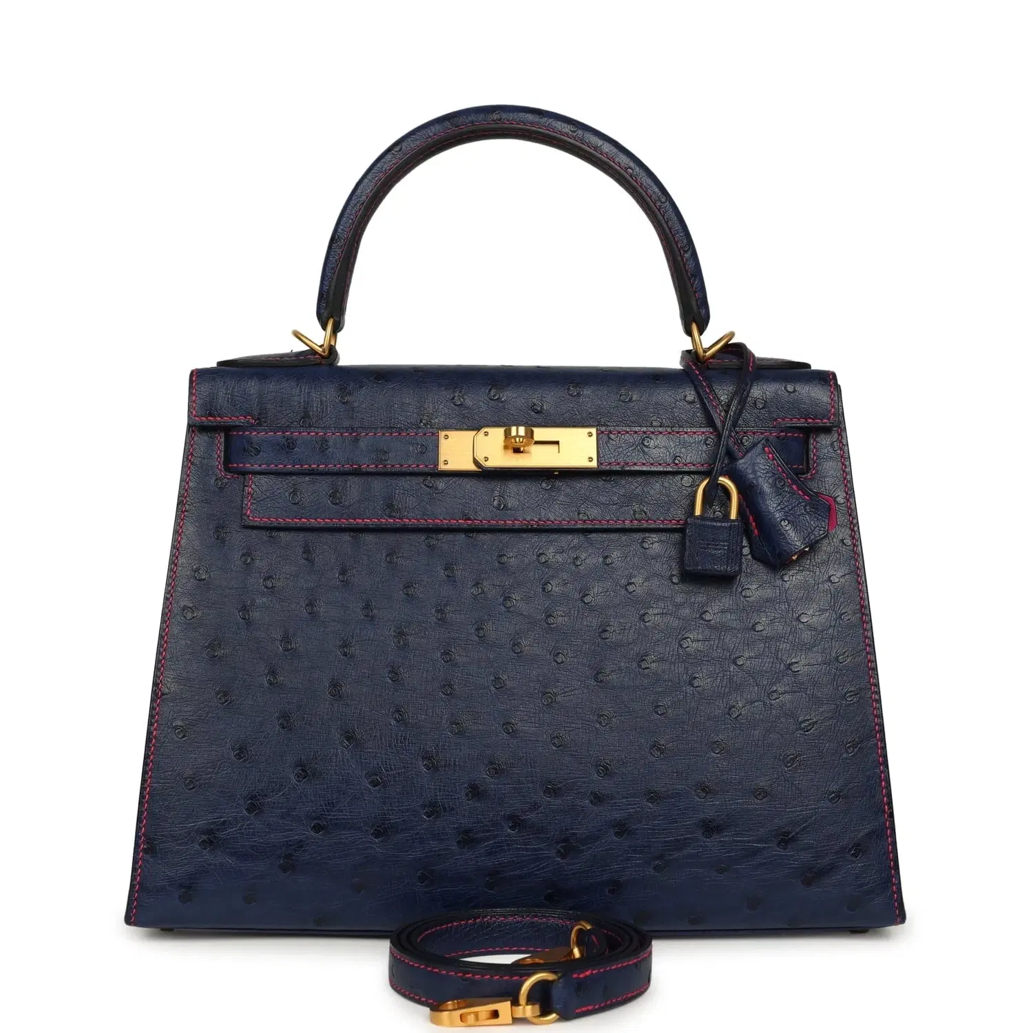 Pre-owned Hermes Special Order (HSS) Kelly Sellier 28 Bleu Iris Verso Ostrich Brushed Gold Hardware