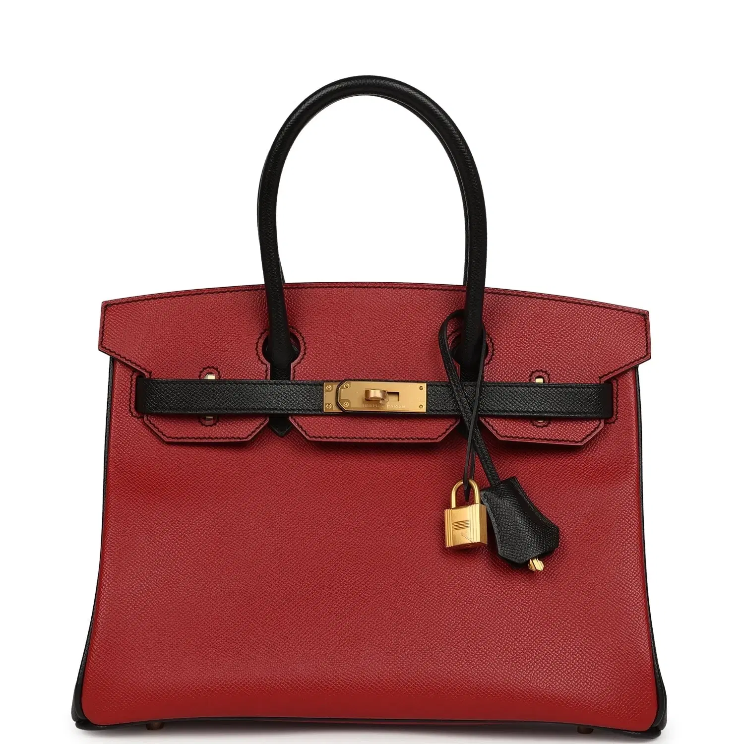 Pre-owned Hermes Special Order (HSS) Birkin 30 Rouge Vif, Black Epsom Brushed Gold Hardware