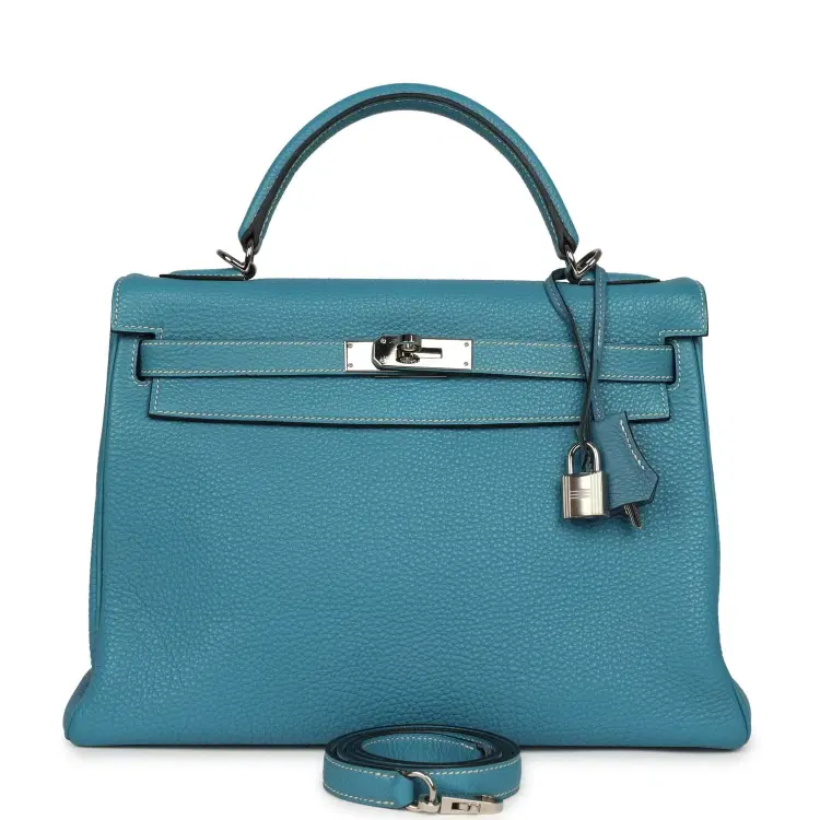 Vintage Hermes Kelly Retourne 32 Blue Jean Togo Palladium Hardware-Hover-Image