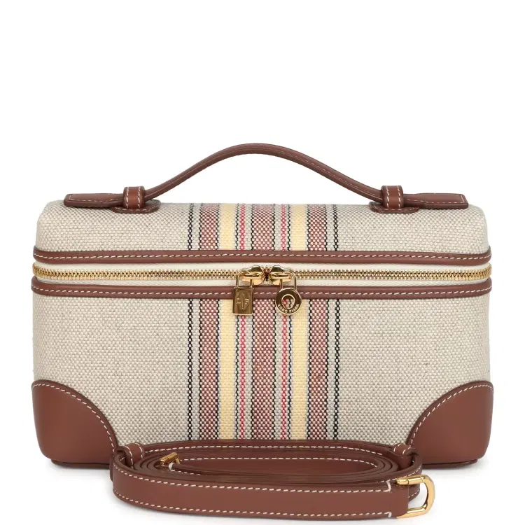 Loro Piana Extra Pocket L19 Pouch Record and Caramel Sugar Canvas Stripes Gold Hardware-Hover-Image
