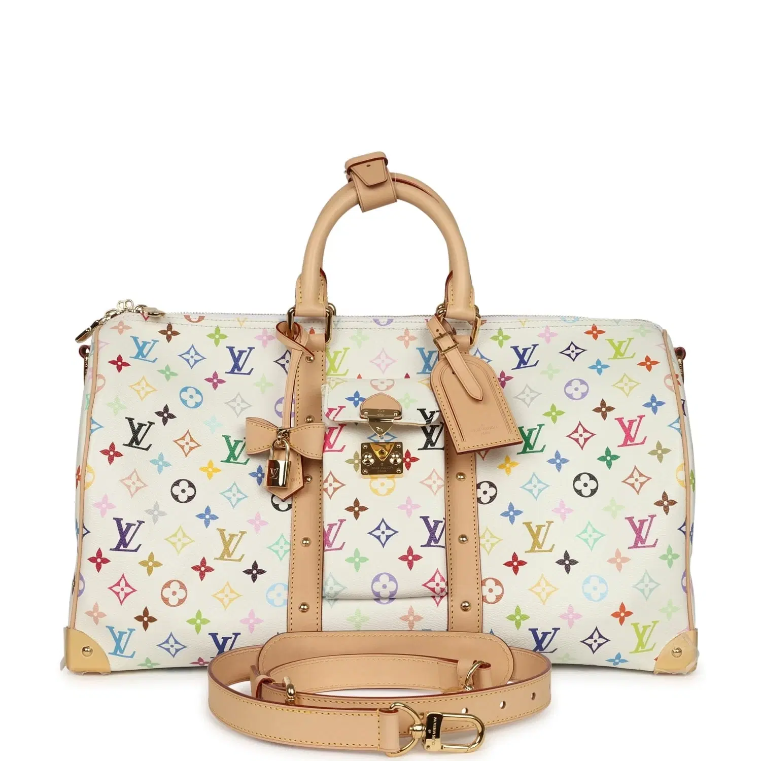 Louis Vuitton X Takashi Murakami Keepall Bandouliere 45 White Monogram Multicolored Gold Hardware