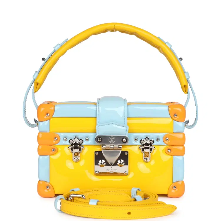 Louis Vuitton Petite Malle Handbag Light Blue & Yellow Glossy Calfskin Silver Hardware-Hover-Image