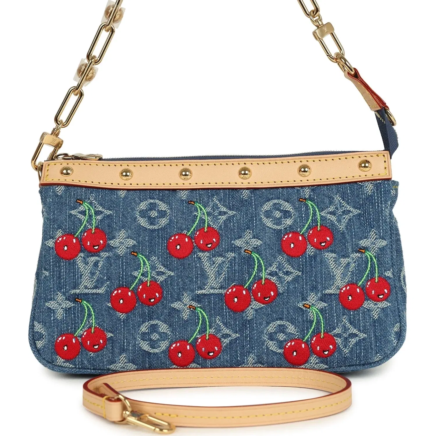 Louis Vuitton X Takashi Murakami Cherry Pochette Accessories Denim Monogram Gold Hardware