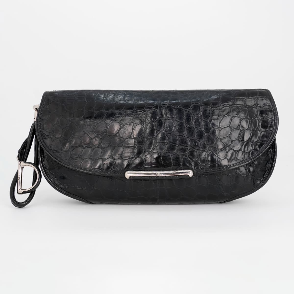 Dior Black Croc Embossed Patent Leather Oversized Wristlet Clutch
