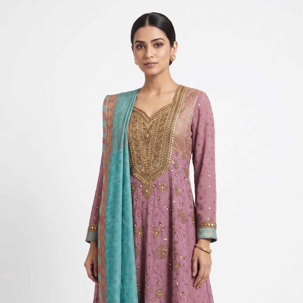 Ritu Kumar Heavy Embroidered Pink And Blue Anarkali Suit Set