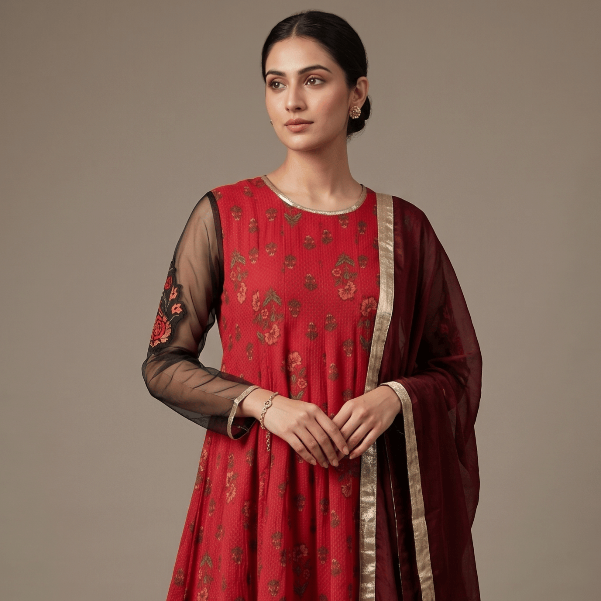Ritu Kumar Red And Gold Three Piece Suit Set, Size 36