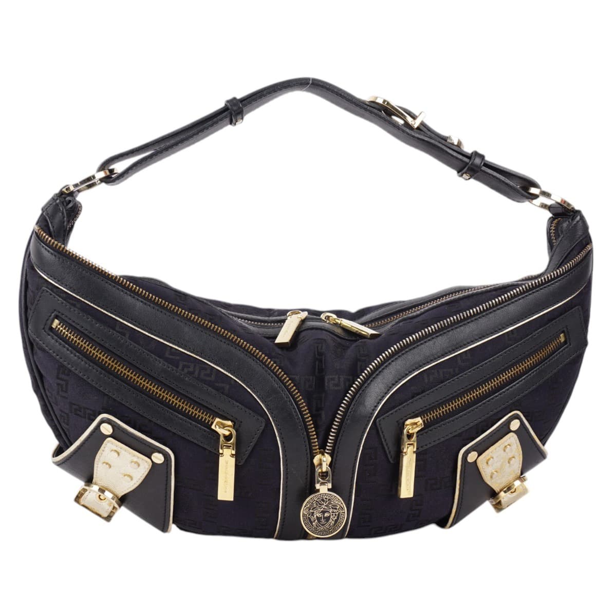 Versace Black & Gold Leather Biker Hobo