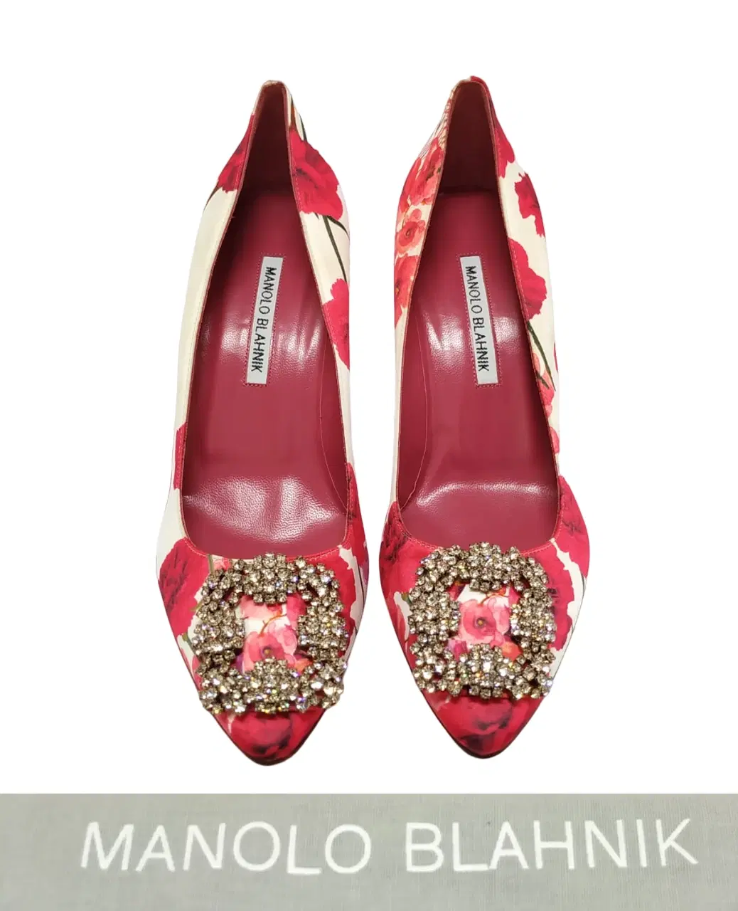 Szie 38.5 - Manolo Blahnik Floral Pink Satin Jewel Buckle Pumps