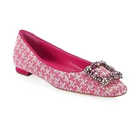 Size 39 - Manolo Blahnik CAZA Pink tweed crystal Buckle Flat