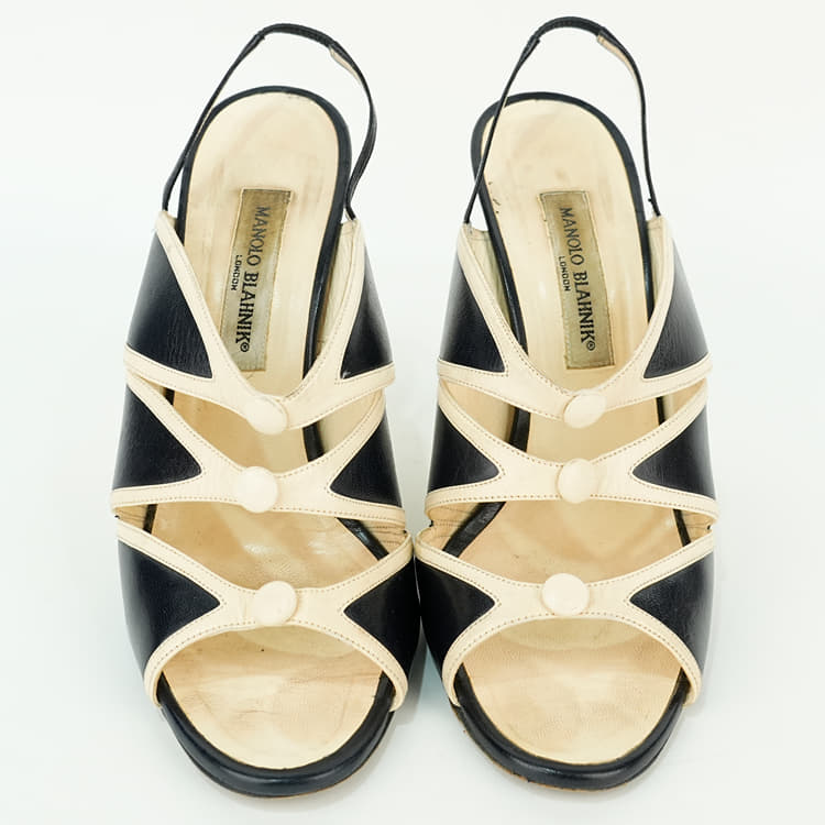 Size 40 - Manolo Blahnik Cream/Blue Leather Wedge Slingback Sandals-Hover-Image