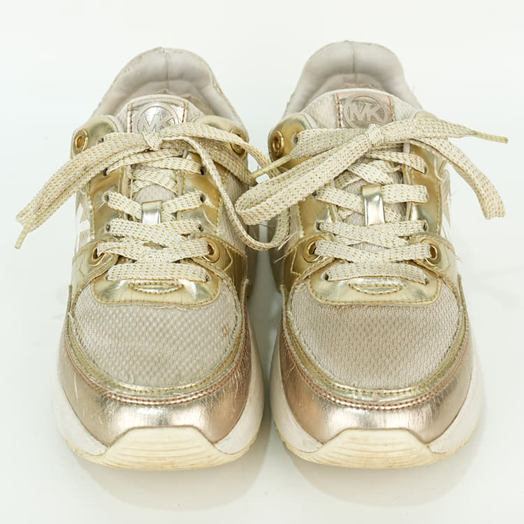 Size UK 13.5 - Michael Kors Kids Emmet Grove Mesh & Leather Sneakers in Golden & Off-White-Hover-Image