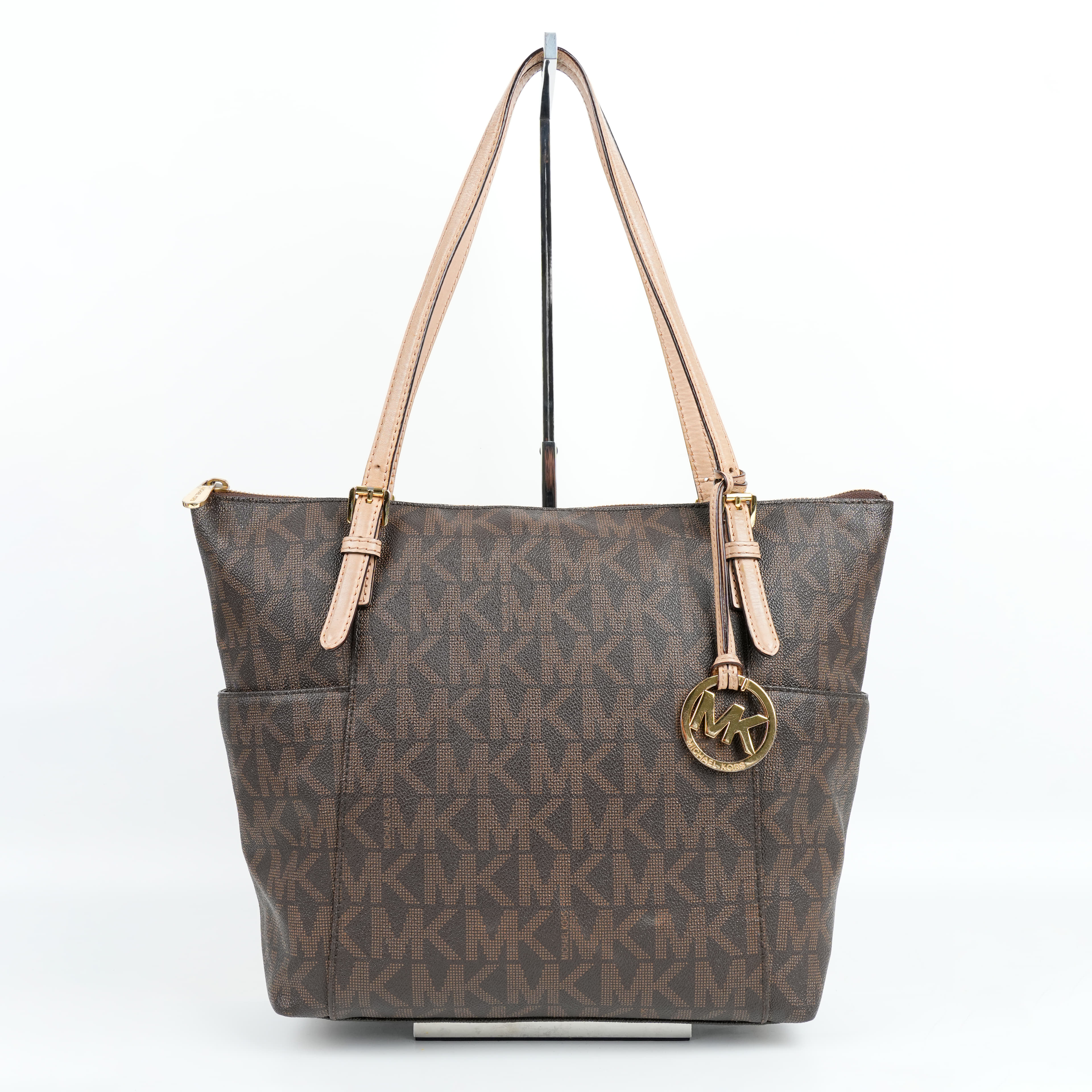 Michael Kors Dark Brown Signature Coated Canvas Top Zip Jet Set Tote